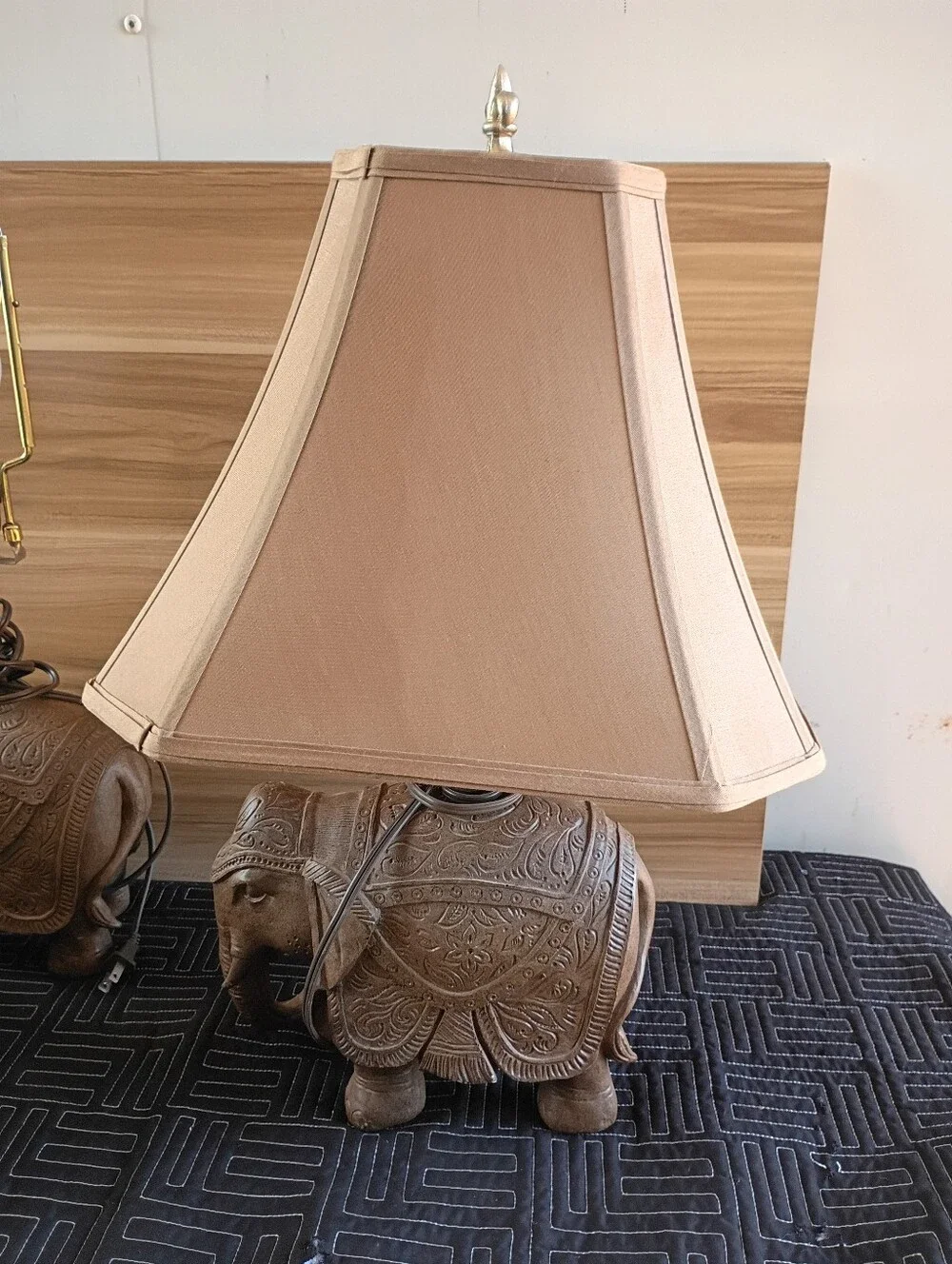 Hand-Carved Brown Elephant Table Lamps - Decorative Pair